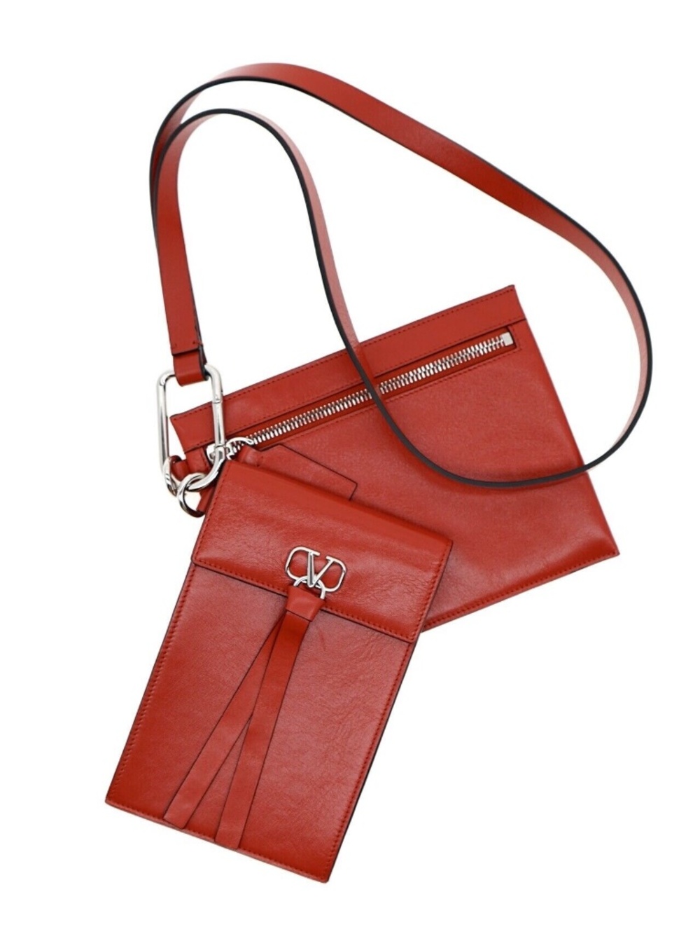 Valentino V-RING Wallet & Pouch On Strap Red Leather New